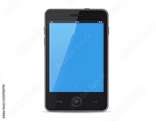 A sleek black smartphone with a blue screen