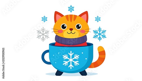 A smiling cartoon cat wearing a scarf sits in a blue mug