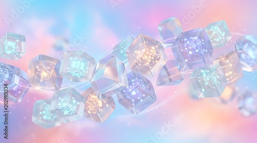 Glowing cubes floating in colorful space, nobody, abstract background