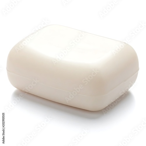 A white bar of soap on a plain white background