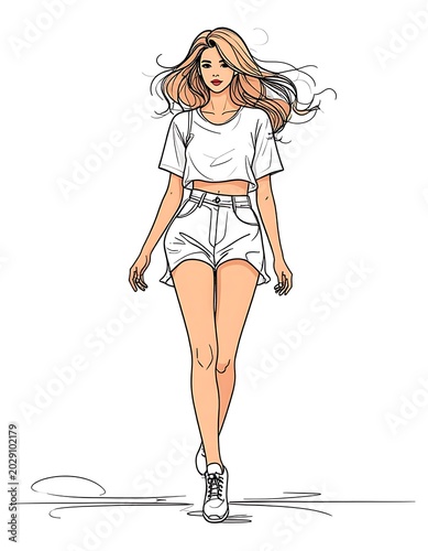 A young woman with long hair walking in casual clothes
