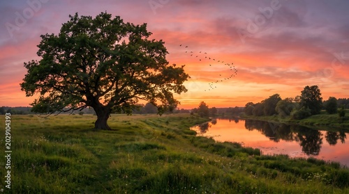 A large tree standing alone near a river at sunset with a flock of birds flying overhead in a serene natural landscape