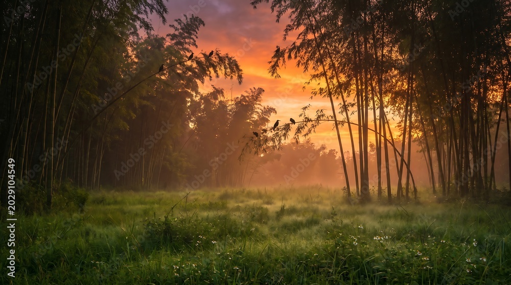Fototapeta premium Serene forest landscape with misty sunrise through trees in grassy field with wildflowers