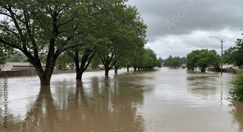Country road and trees submerged in flood water under a heavy grey sky.
