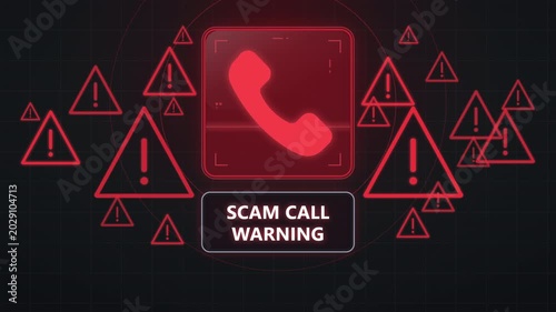 Animation of a glowing red telephone icon surrounded by floating alert symbols on a dark digital grid background. Concept of cyber security and scam call awareness
