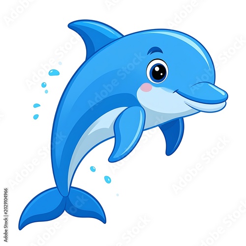 A cartoon-style blue dolphin with a cheerful expression