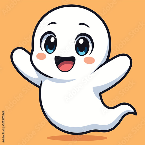 Φωτογραφία A cheerful cartoon ghost with big eyes and rosy cheeks floats against an orange background with a playful mood