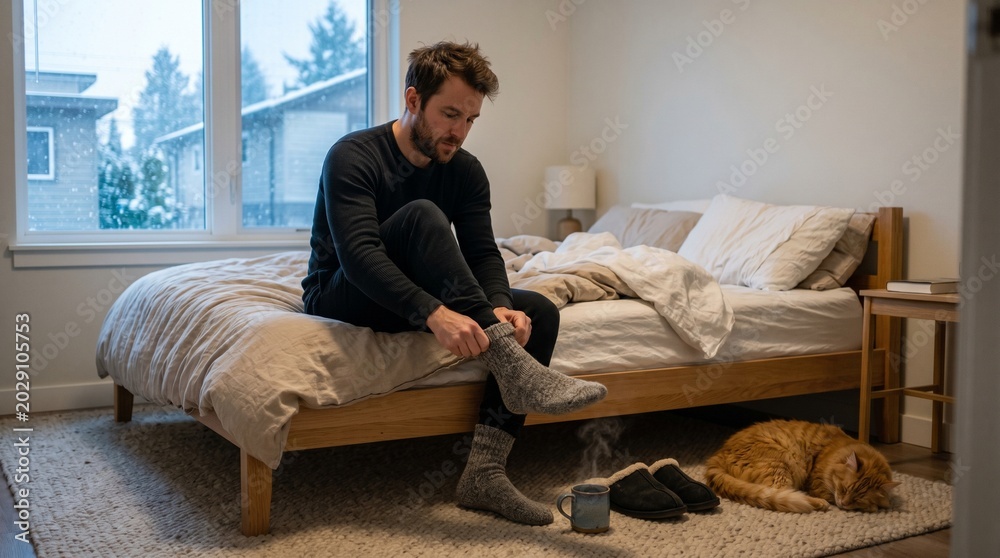 Fototapeta premium Man sitting on bed putting on socks in cozy bedroom with cat 