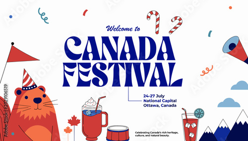 фотографія A vibrant banner welcoming to the Canada Festival in Ottawa, featuring a cartoon beaver, festive drinks, candy canes, and Canadian symbols
