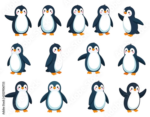 A group of cartoon penguins in various poses on a white background