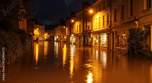 Flooded street in a historic town at night with building lights reflecting on the water surface.