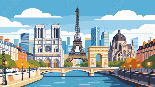 Quadro su tela A vibrant cartoon illustration of the iconic Paris skyline with the Eiffel Tower, Notre Dame, Arc de Triomphe, and Seine River under a blue sky