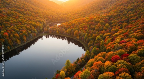 Golden sunset light illuminating a mountain lake and colorful autumn forest canopy.