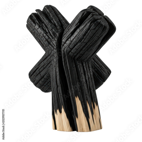 Burnt charred wood logs composition cut out on transparent background