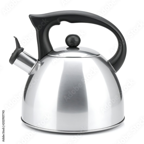 A shiny stainless steel kettle with a black handle and spout