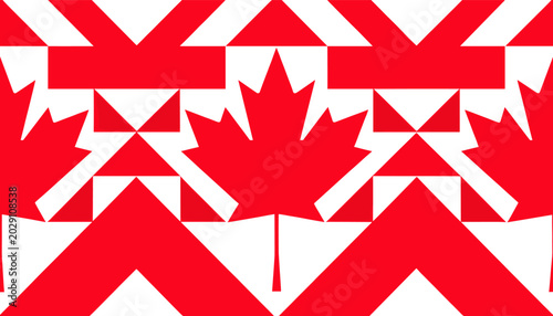 Tableau sur toile Repeating pattern of red maple leaves and geometric shapes on a white background, reminiscent of Canadian national symbols