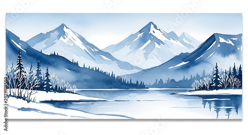 Serene watercolor landscape of snow-capped mountains and a frozen lake winter nature scene with pine trees perfect for travel and seasonal themes