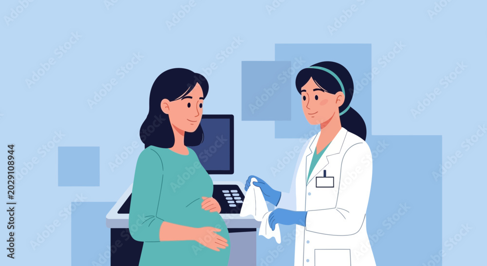 Fototapeta premium Pregnant Woman and Doctor Consulting Room, Medical Checkup Illustration