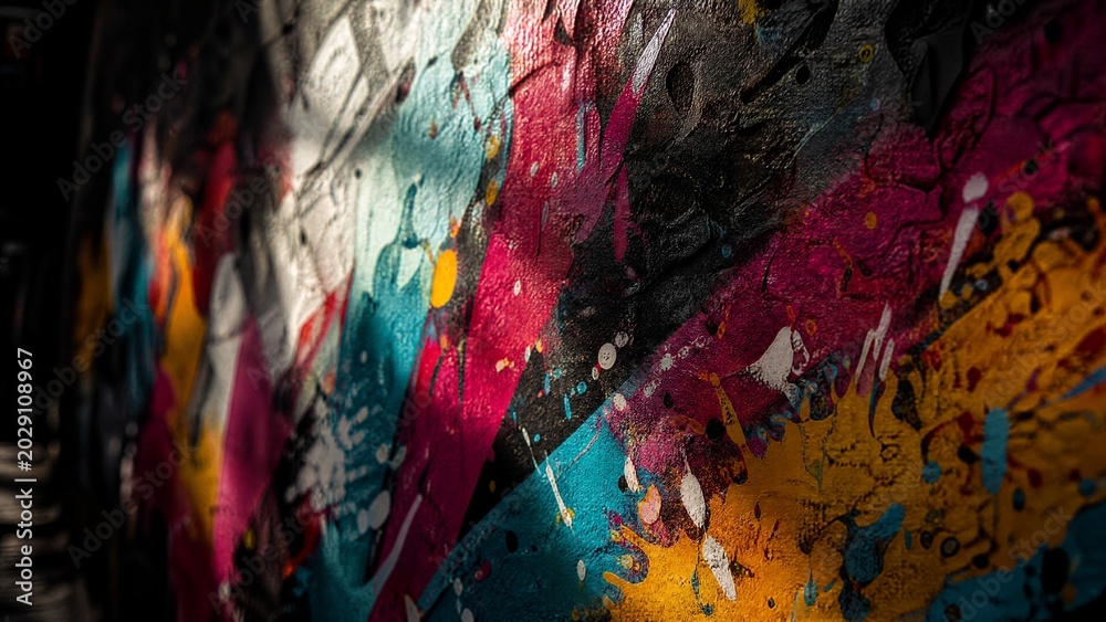 Obraz premium Urban wall adorned with vibrant paint splatters, embodying abstract street art energy.