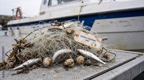 A pile of seized generic fishing net with small fish and shells on a metal dock with a boat in the background near the water