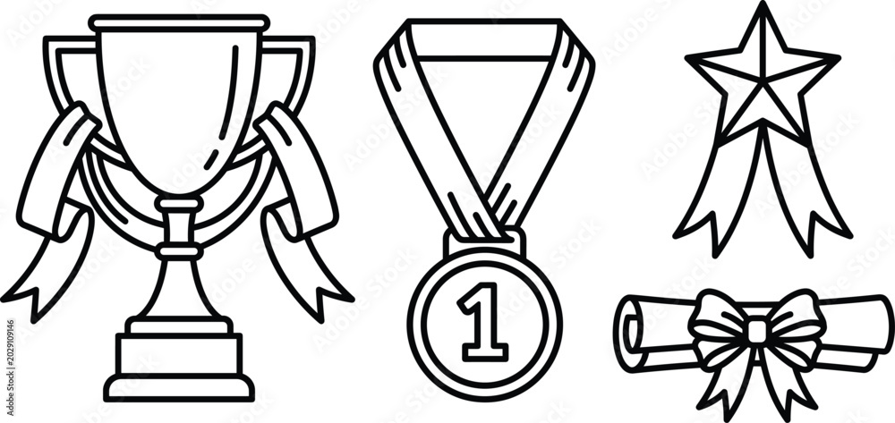 Naklejka premium Award and Success Line Icon Set with Trophy Cup First Place Medal Star Ribbon and Diploma Scroll for Achievement Celebrations