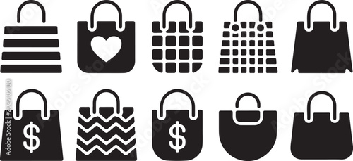 Bild auf Leinwand Set of ten distinct shopping bag icons with various patterns, including money and heart