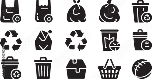 Foto Fifteen diverse icons representing recycling, trash, and shopping bags with wheels