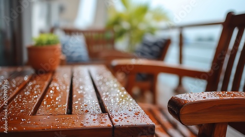 Wooden Patio Furniture With Raindrops After A Summer Shower.