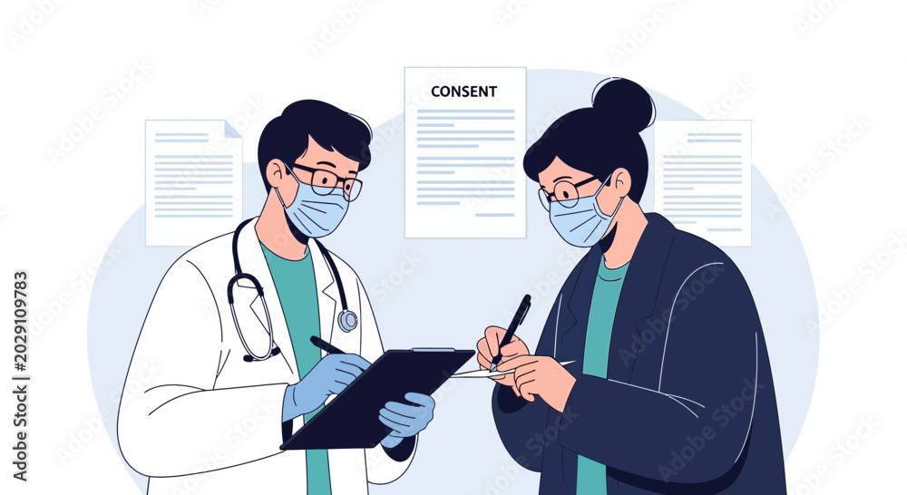 Fototapeta premium Doctor and Patient Signing Consent Form, Medical Procedure Illustration