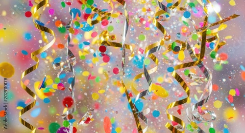 Colorful confetti and shiny gold ribbons falling down on a blurred background