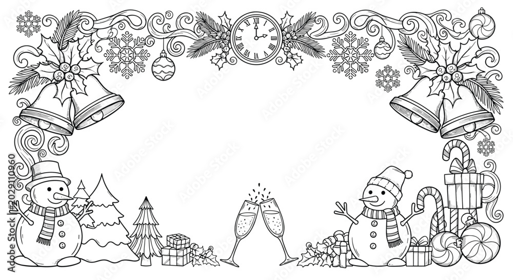 Obraz premium Detailed black and white coloring page style frame for winter holidays includes snowmen and bells with a clock striking midnight.