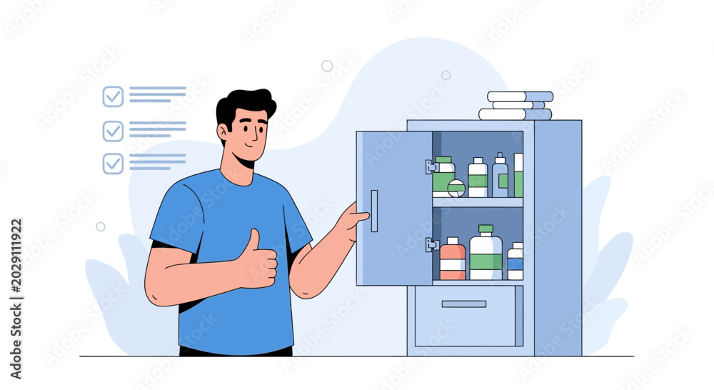 Fototapeta premium Man giving thumbs up by open medicine cabinet with health supplies