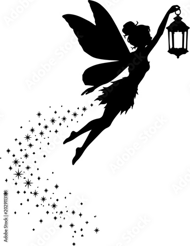 Quadro su tela Black Silhouette of a Flying Fairy Holding a Lantern with a Trail of Magic Stars
