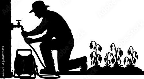 Foto Silhouette of a Man Connecting a Garden Hose to an Outdoor Faucet to Water Wilti