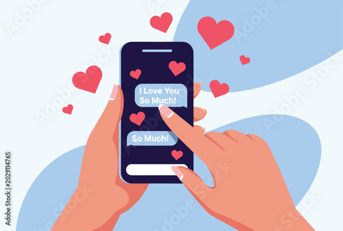 Hands hold a smartphone while sending a romantic text message as numerous pink hearts float around the screen in a flat vector style.