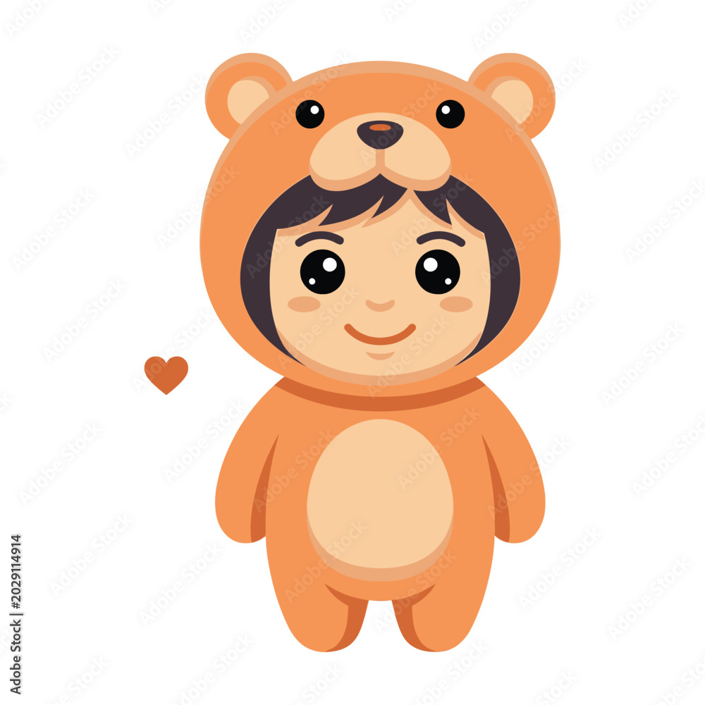 Fototapeta premium Cute Baby Wearing A Soft Teddy Bear Costume Suit With A Small Heart Icon On White Background