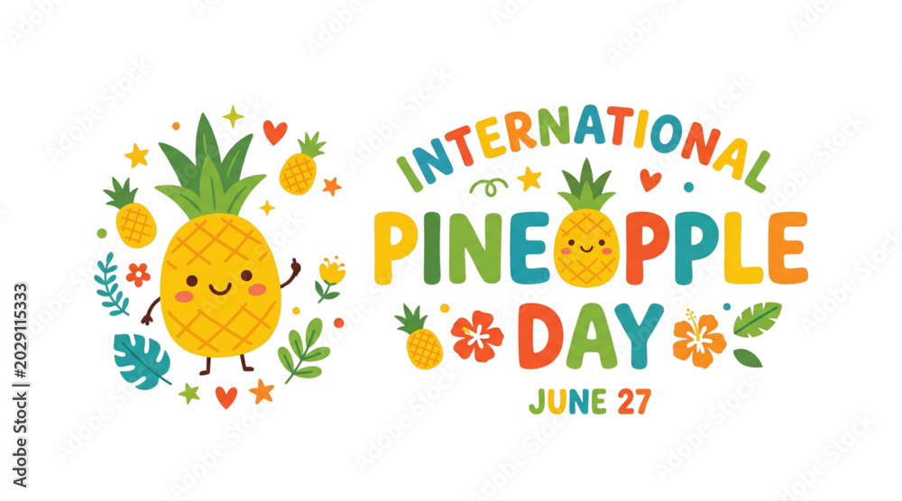 Fototapeta premium Cute International Pineapple Day vector illustration with tropical fruit cartoon icon and floral design