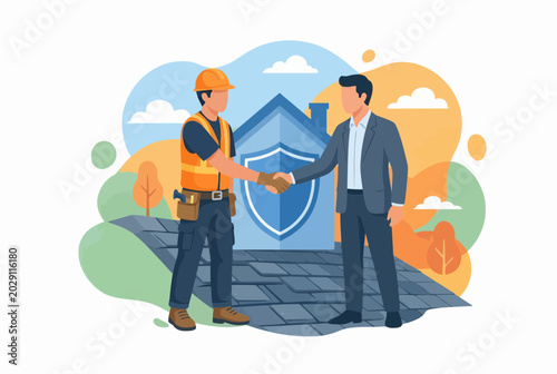 Professional Roofer and Insurance Agent Shaking Hands on House Roof