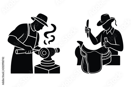Bild auf Leinwand Blacksmith and saddler leatherworker craftsmen silhouettes icons with blacksmith