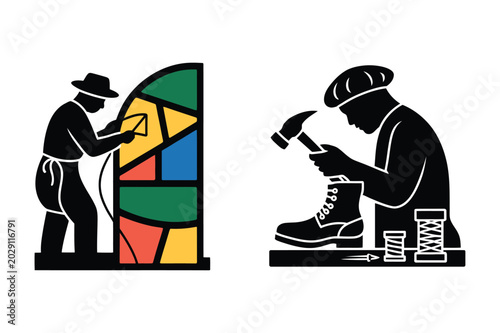 Vászonkép Stained glass maker and cobbler shoemaker craftsman silhouettes icons with craft