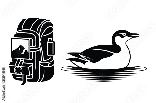 Quadro su tela Hiking backpack with camera and swimming common murre bird vector illustration