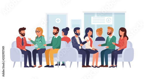 Diverse patients wait in a modern clinic waiting room with doctor