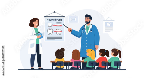 Dentist teaching children how to brush teeth at school