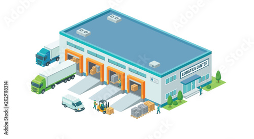 Logistics center illustration with trucks and forklifts isometric view