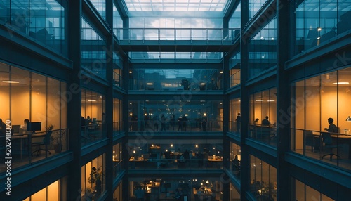 Multi-story modern office building interior with illuminated workspaces