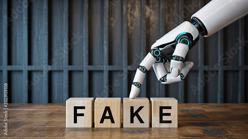 Robot hand placing fake text blocks artificial intelligence misinformation concept