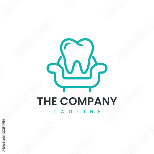 Dental clinic logo with tooth and comfortable sofa line art icon