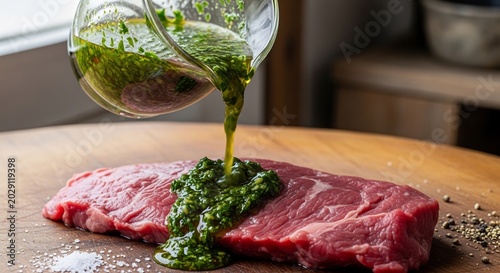 Pouring Fresh Chimichurri Sauce Over Raw Steak For Grilling.