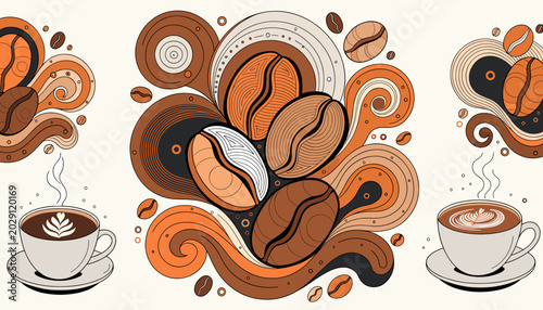 Foto Artistic illustration of coffee beans and steaming cups of coffee, with swirling abstract patterns in warm earthy tones