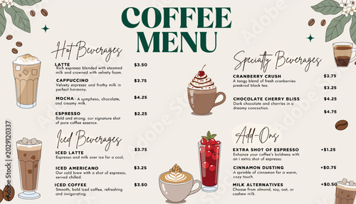 Foto A visually appealing coffee menu featuring a variety of hot and iced beverages, specialty drinks, and add-ons, with charming illustrations